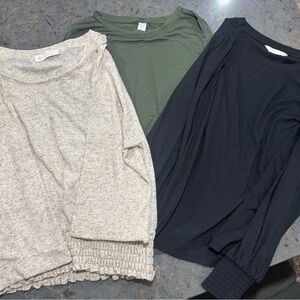 Set of Three Long Sleeve Tops in Black, Beige, and Green